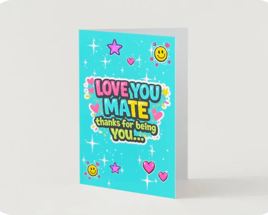 LOVE YOU MATE thanks for being you.                             Friendship card.                             By Lola Wilde Studio